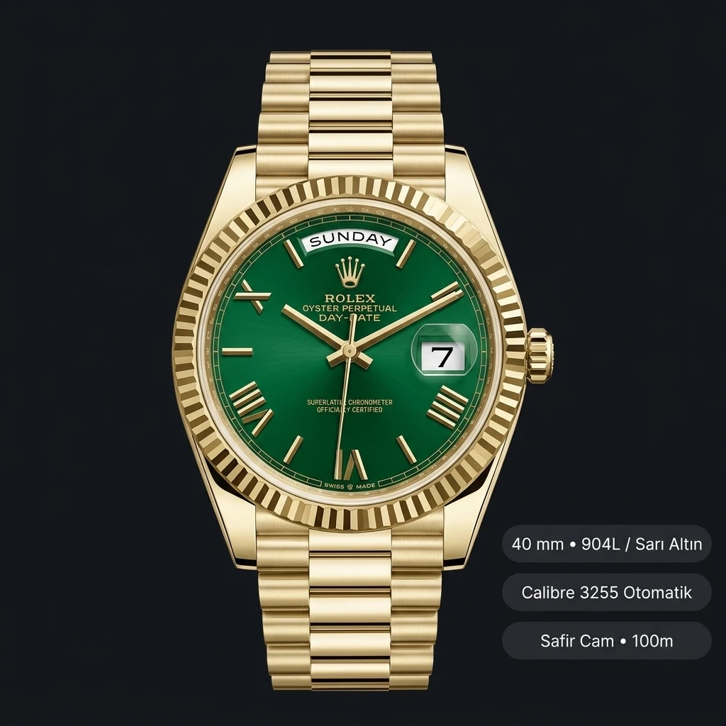 Rolex Day-Date 40 mm 228238 Yeşil Kadran Sarı Altın President Super Clone Eta Saat