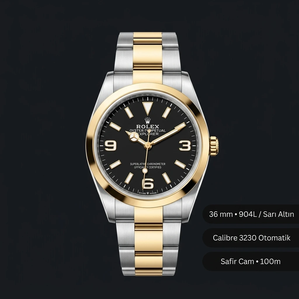 Rolex Explorer 40 mm 124270 Siyah Kadranlı President Sari Altin Super Clone ETA Saat