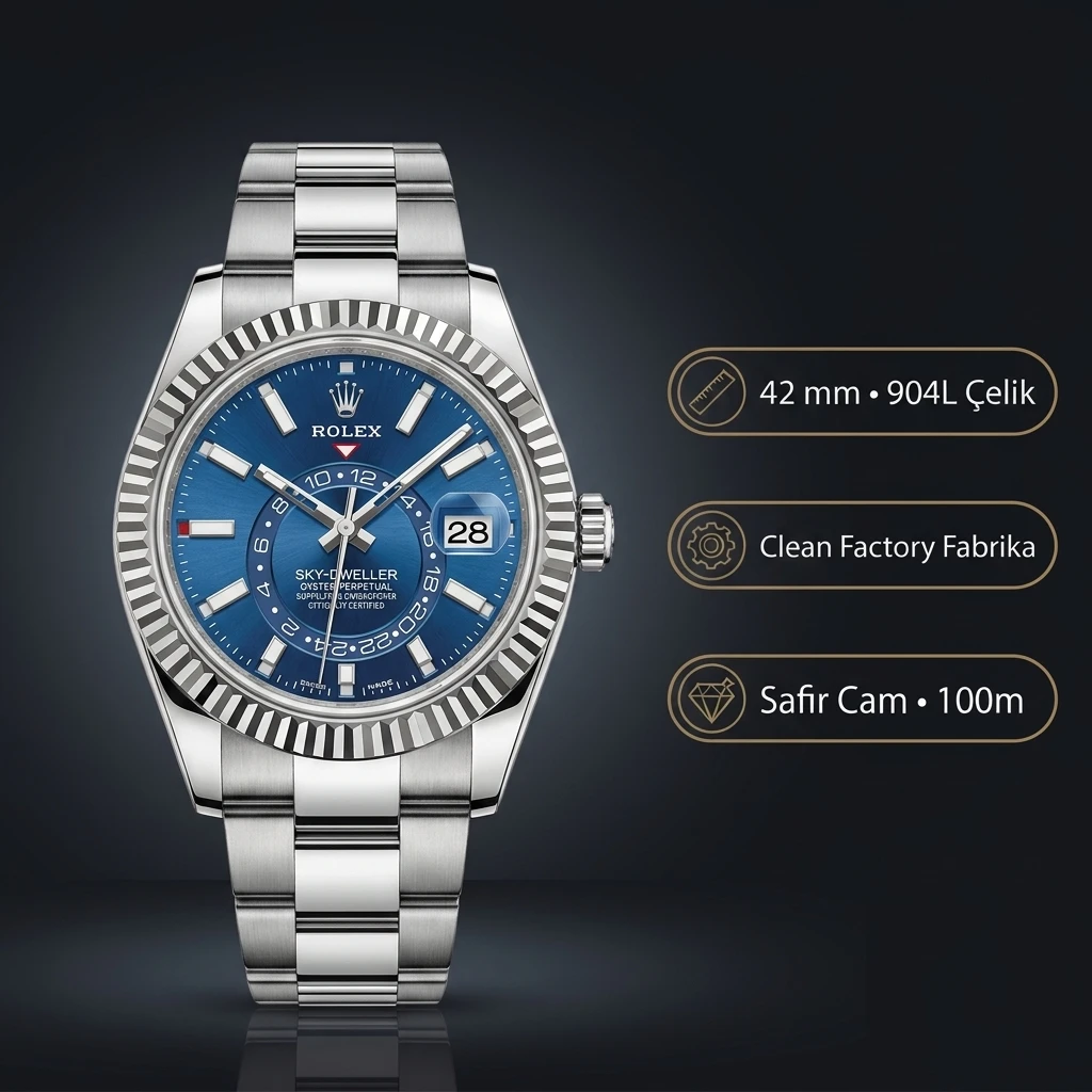 Rolex Sky-Dweller 42 mm 326934 Mavi Kadran Oyster Super Clone Eta Saat