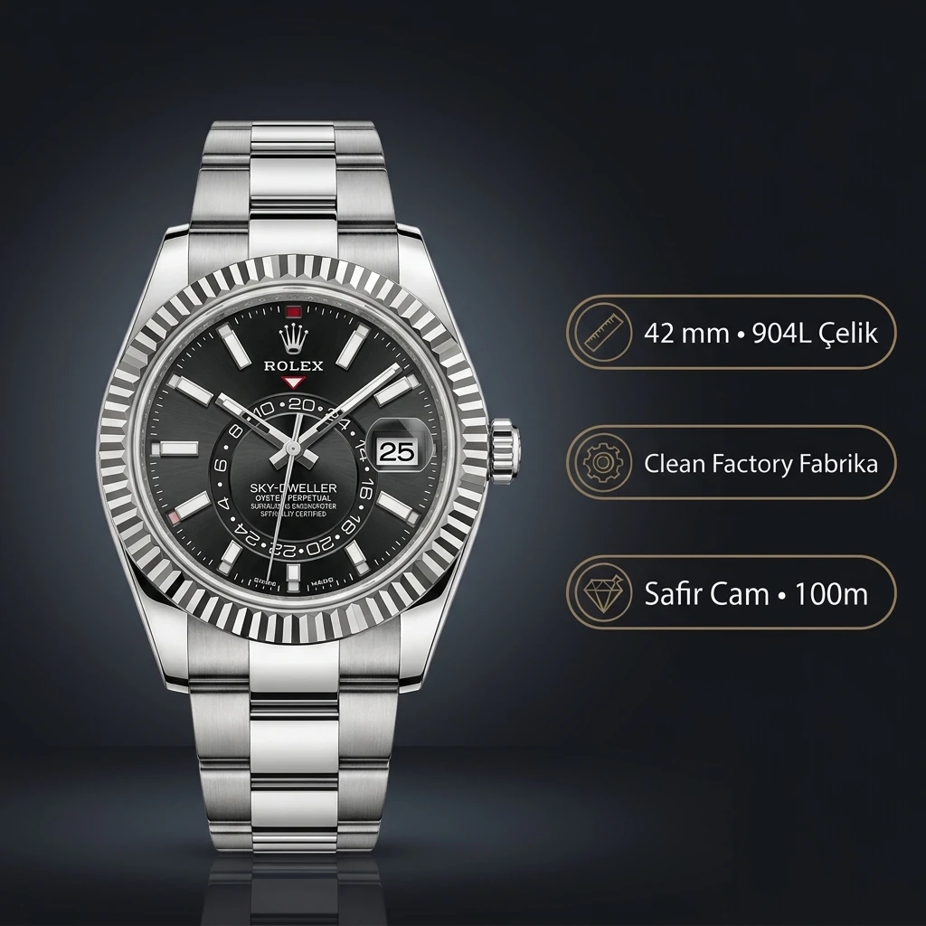 Rolex Sky-Dweller 42 mm 326934 Siyah Kadran Oyster Super Clone Eta Saat