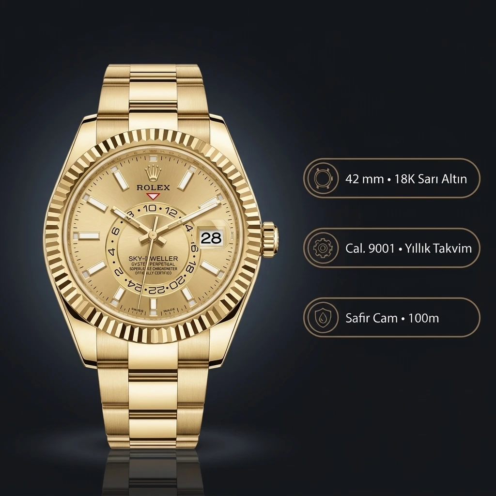 Rolex Sky-Dweller 42 mm 326938 Şampanya Kadran Sarı Altın Oyster Super Clone Eta Saat