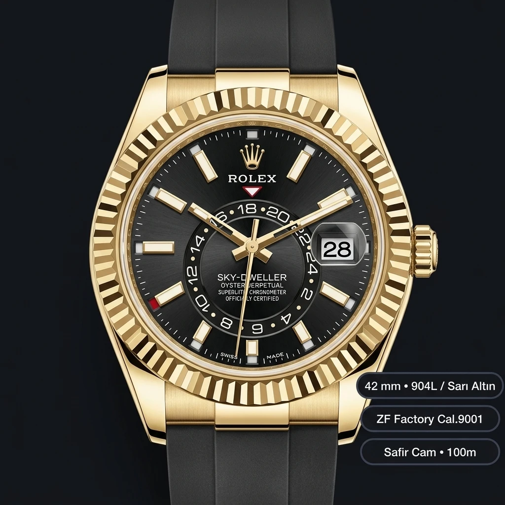 Rolex Sky-Dweller 42 mm 336238 Siyah Kadran Sarı Altın Oysterflex Super Clone Eta Saat