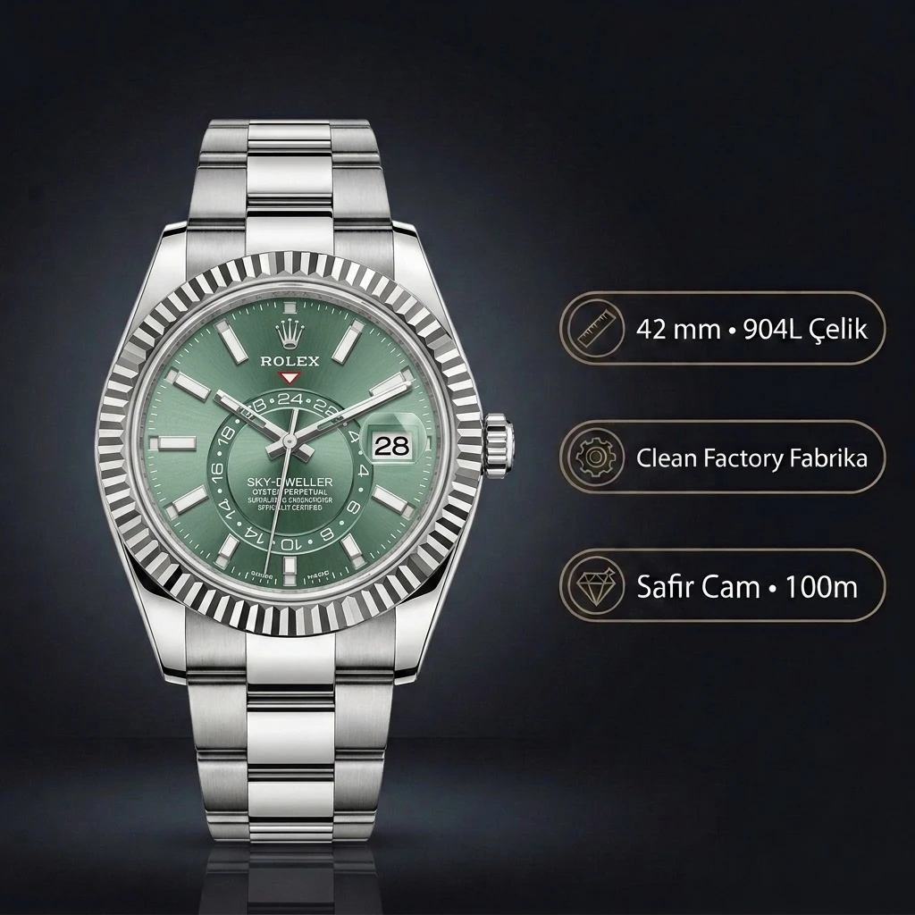 Rolex Sky-Dweller 42 mm 336934 Yeşil Kadran Oyster Super Clone Eta Saat