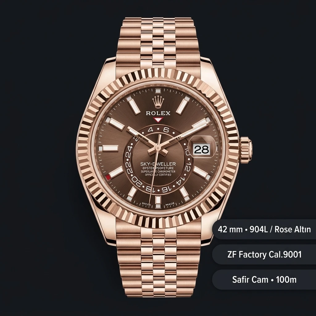 Rolex Sky-Dweller 42 mm 336935 Kahve Kadran Everose Jubilee Super Clone Eta Saat