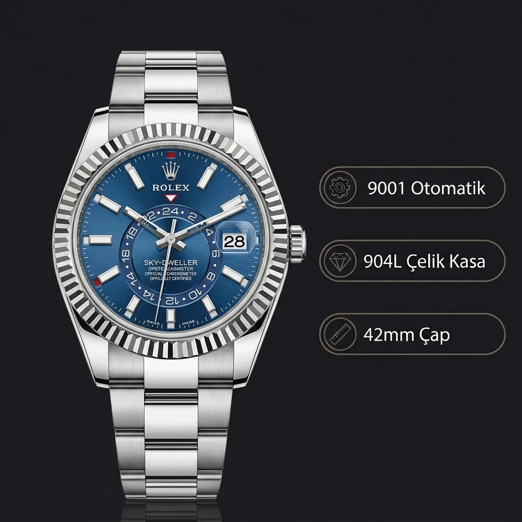 Rolex Sky-Dweller Mavi Kadran Çelik 42mm Super Clone ETA Saat