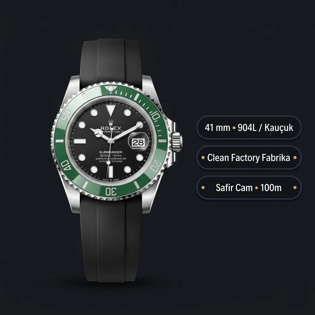 Rolex Submariner 126610LN 41 mm Yeşil Kadranlı Oysterflex Super Clone ETA Saat