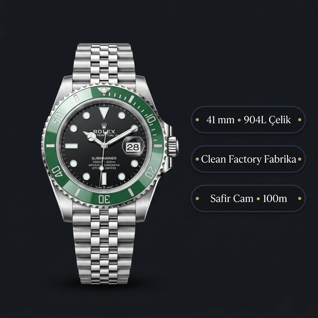 Rolex Submariner 126610LV 41 mm kermit Siyah Kadranlı Jubilee Super Clone ETA Saat