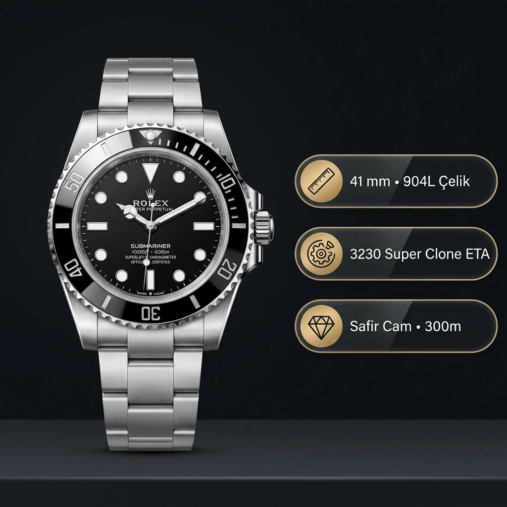 Rolex Submariner No Date 41 MM 124060 Siyah Seramik Bezel Siyah Kadran Oyster Çelik Bilezik Super Clone ETA Saat