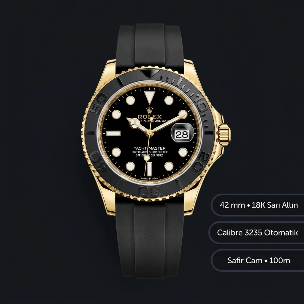 Rolex Yacht-Master 226658 42 mm Siyah Kadranlı Oysterflex Sarı Altın Super Clone Eta Saat