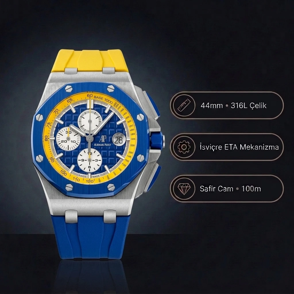 Royal Oak Offshore Novelty 44mm Ukraine Flag Blue Yellow 26400 Super Clone ETA Saat