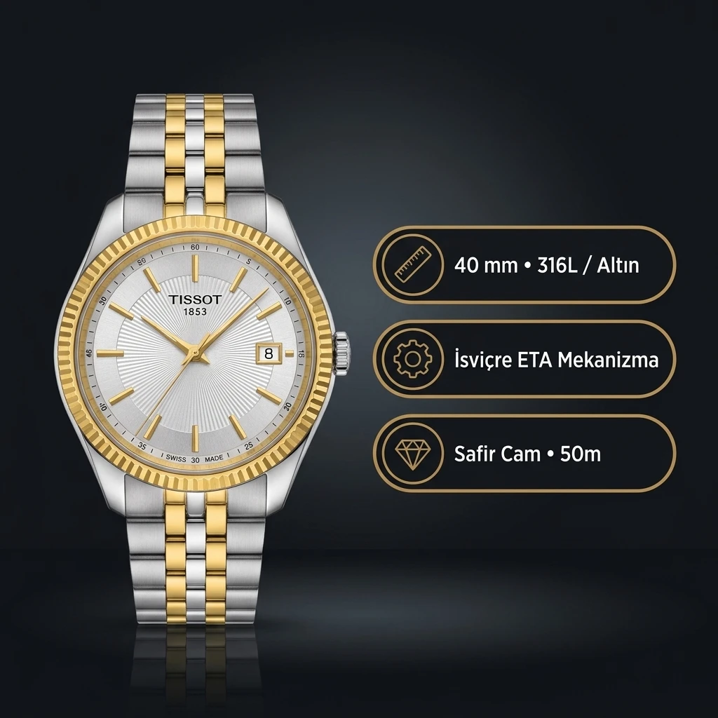 Tissot Ballade T156.210.22.031.00 Gümüş Beyaz Kadran Two Tone Sarı Altın Jubilee Çelik Bilezik Super Clone ETA Saat
