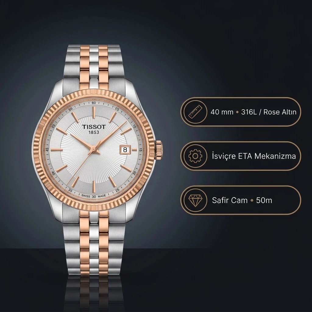 Tissot Ballade T156.210.22.031.01 Gümüş Beyaz Kadran Two Tone Rose Gold Jubilee Çelik Bilezik Super Clone ETA Saat