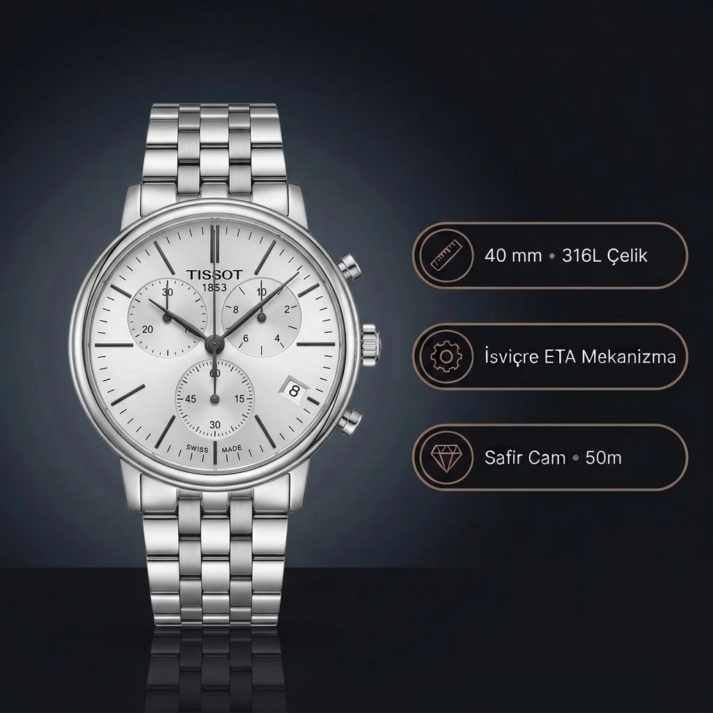 Tissot Carson Premium Chronograph T122.417.11.011.00 Beyaz Kadran Çelik Bilezik Super Clone ETA Saat