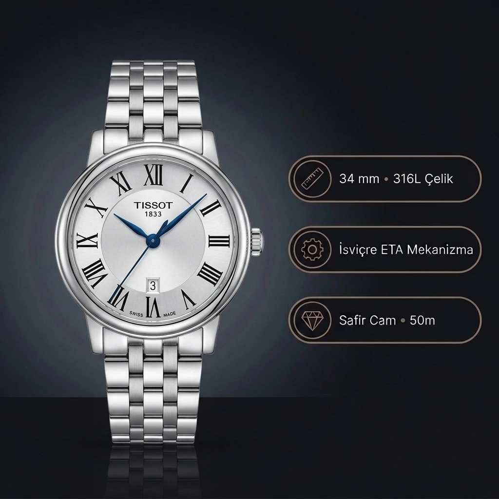 Tissot Carson Premium Lady T122.210.11.033.00 Beyaz Roma Rakamlı Kadran Çelik Bilezik Bayan Super Clone ETA Saat