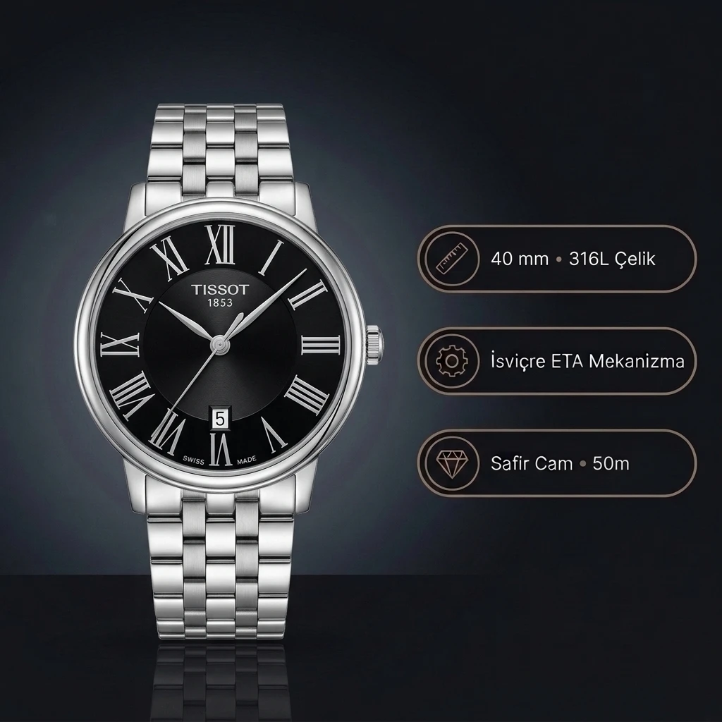 Tissot Carson Premium T122.410.11.053.00 Siyah Roma Rakamlı Kadran 40 mm Çelik Bilezik Super Clone ETA Saat