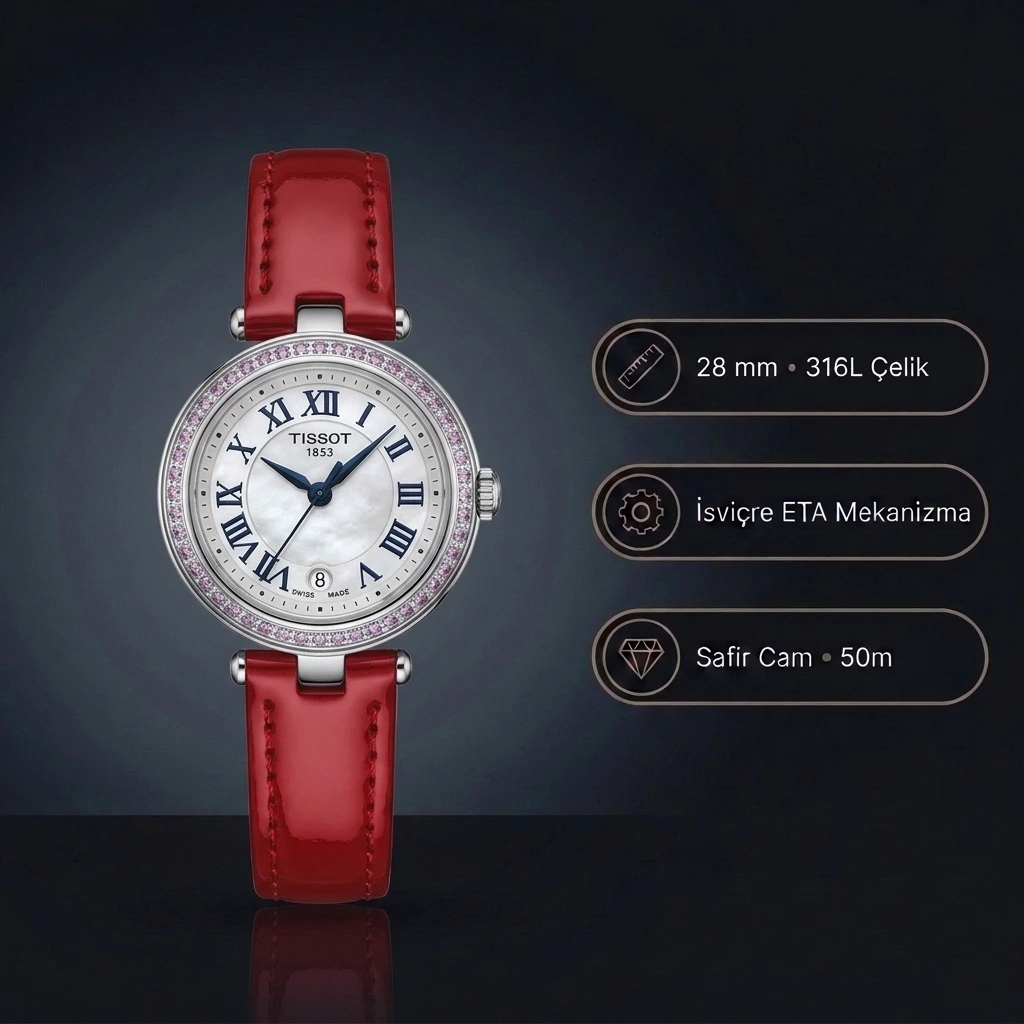 Tissot Desir T152.010.16.116.00 28 MM Taşlı Bezel Beyaz Sedef Roma Rakamlı Kadran Kırmızı Deri Kordon Bayan Super Clone ETA Saat