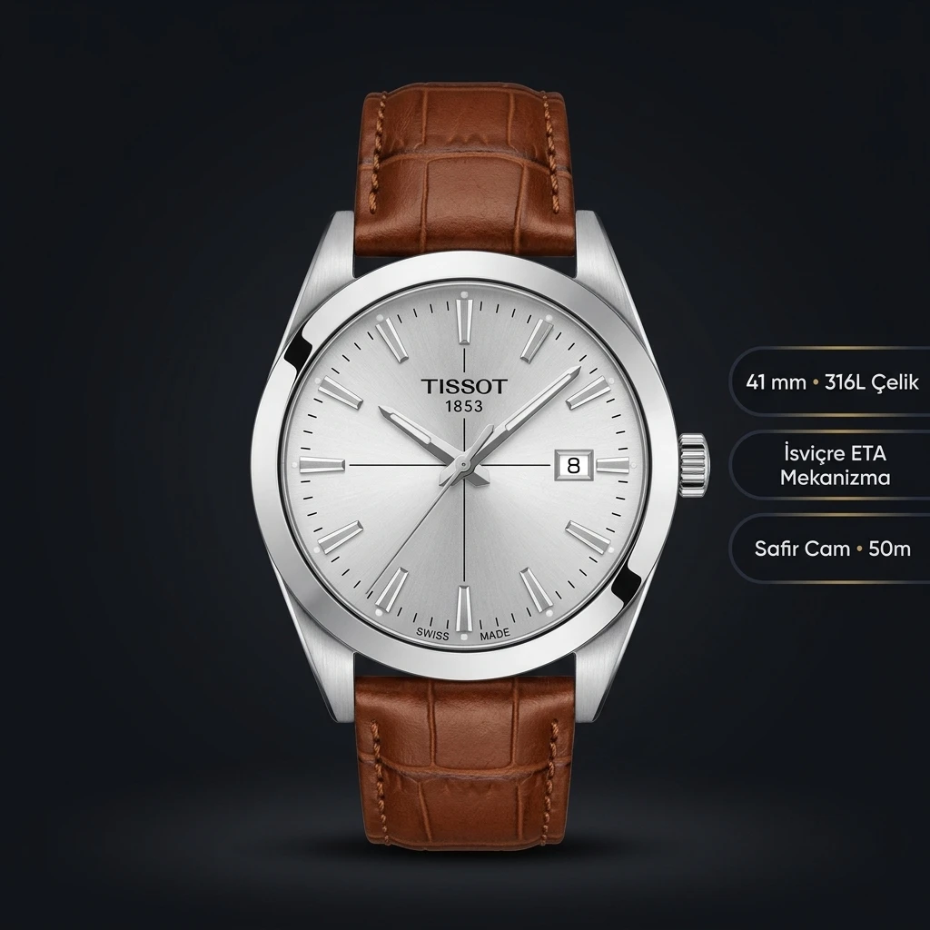Tissot Gentleman Gümüş Kadran Kahve Deri Eta Saat