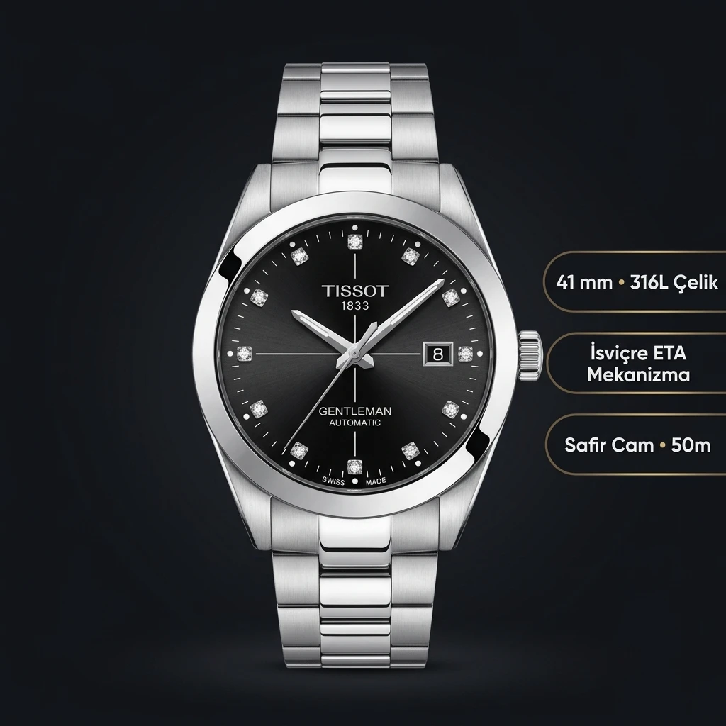 Tissot Gentleman Siyah Kadran Çelik Tasli Eta Saat