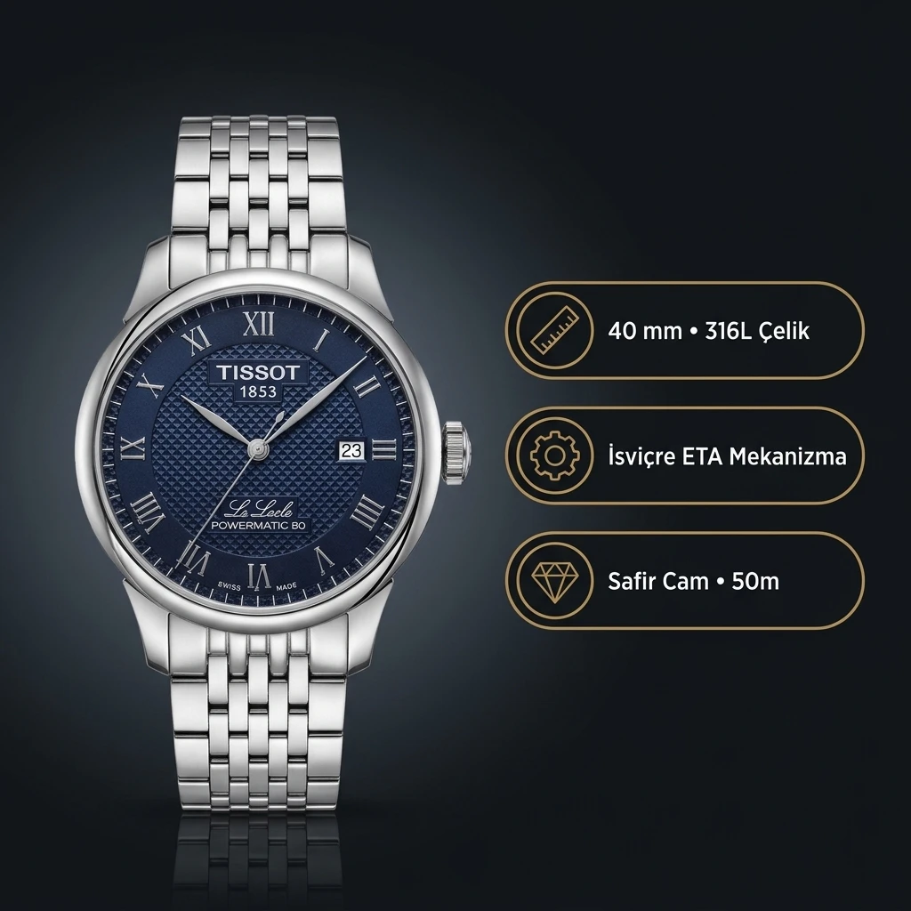 Tissot Le Locle Powermatic 80 T006.407.11.043.00 Lacivert Mavi Roma Rakamlı Kadran Otomatik Çelik Bilezik Super Clone ETA Saat