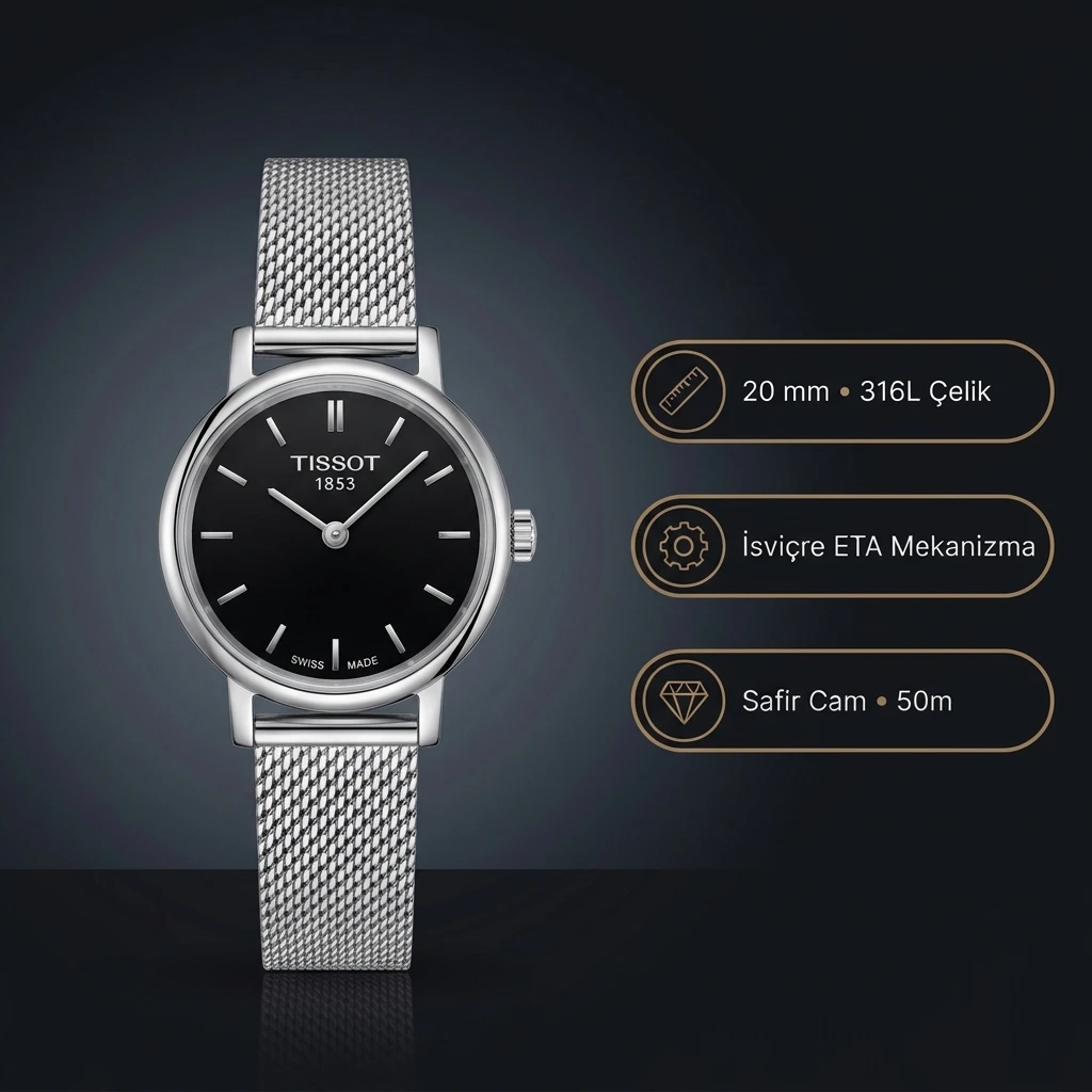 Tissot Lovely Round T058.009.11.051.00 Siyah Kadran Çelik Hasır Bilezik Bayan Super Clone ETA Saat