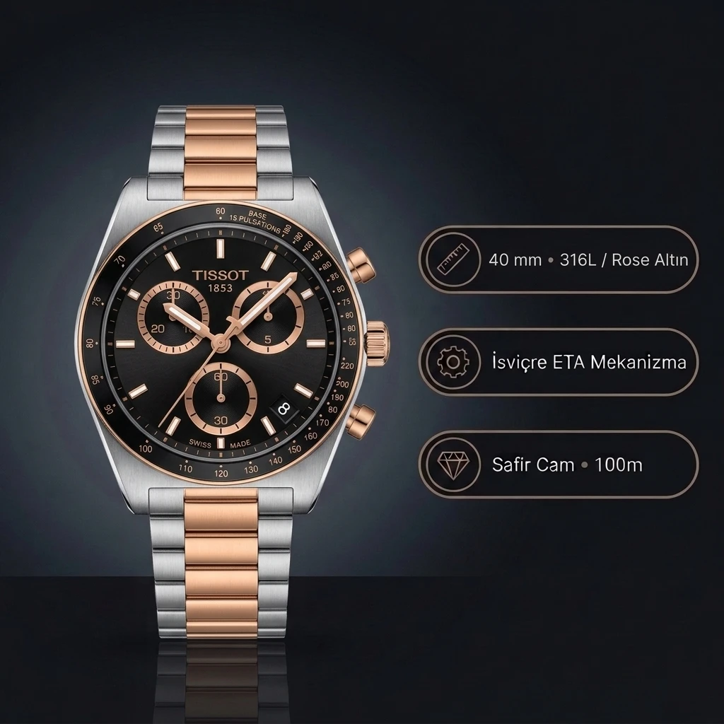 Tissot PR516 Chronograph T149.417.22.051.01 Siyah Kadran Two Tone Rose Gold Çelik Bilezik Super Clone ETA Saat
