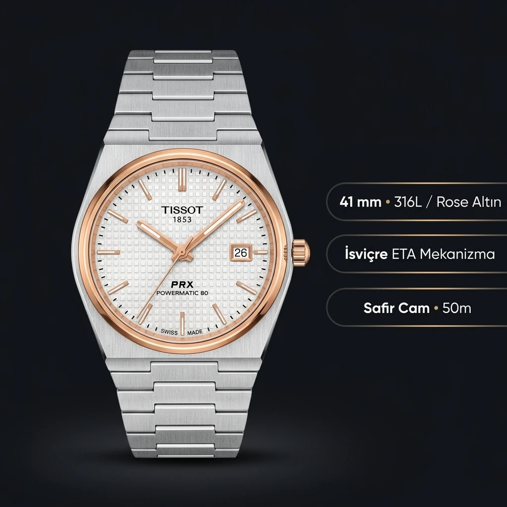 Tissot PRX Beyaz Rose Cift Renk Kadran Eta Saat