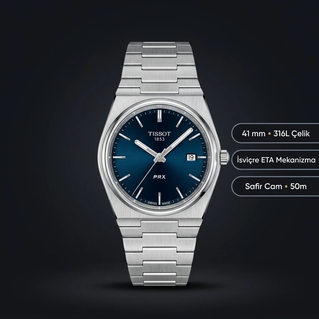 Tissot PRX Gümüş Çelik Arka Kapak Duz Eta Saat