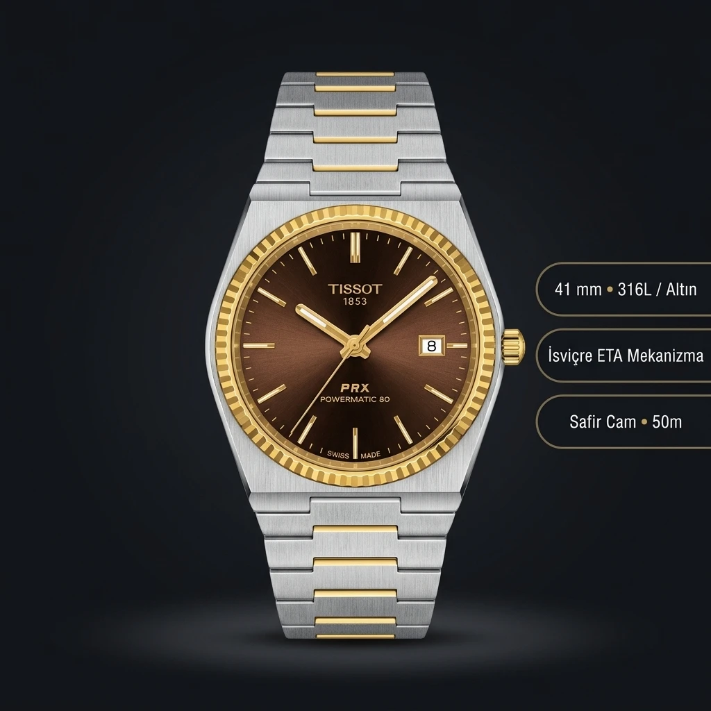 Tissot PRX Kahve Altın Fluted Cift Renk Eta Saat