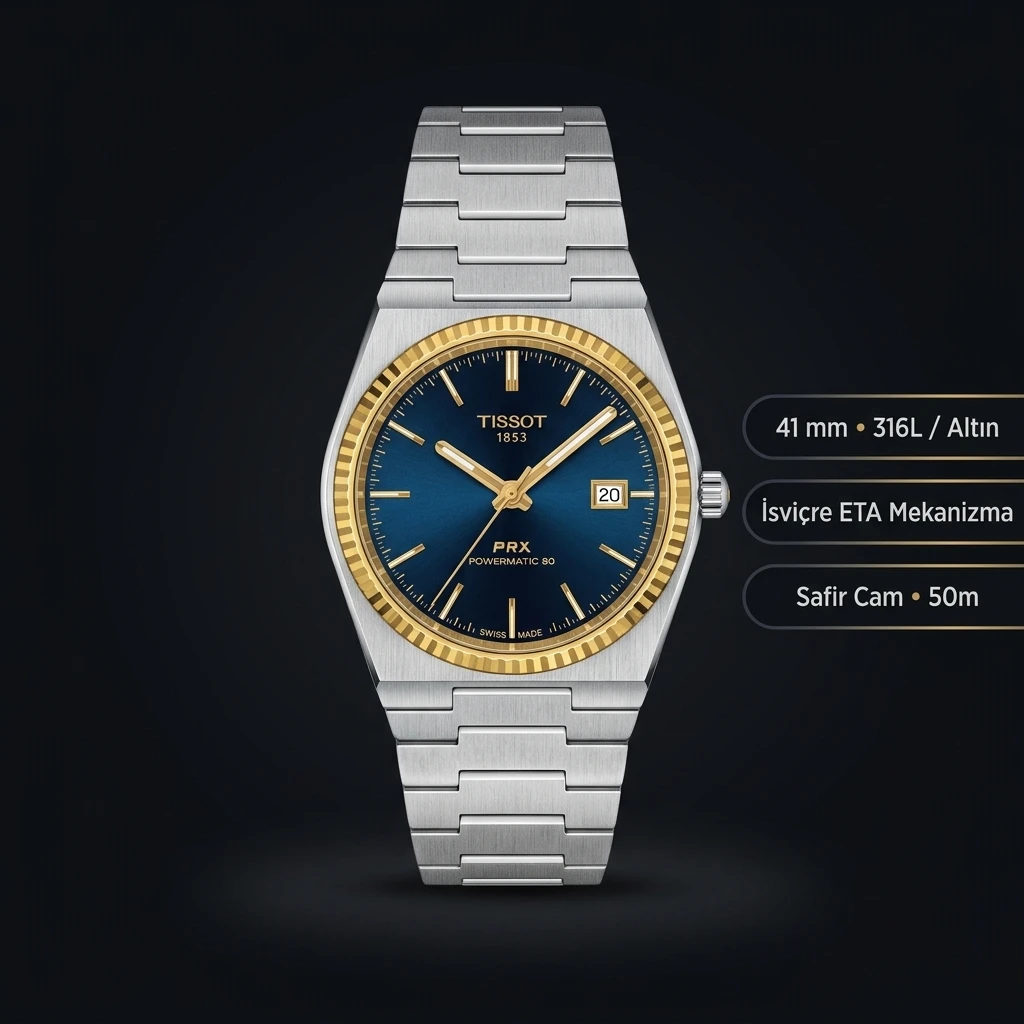 Tissot PRX Mavi Altın Fluted Cift Renk Eta Saat