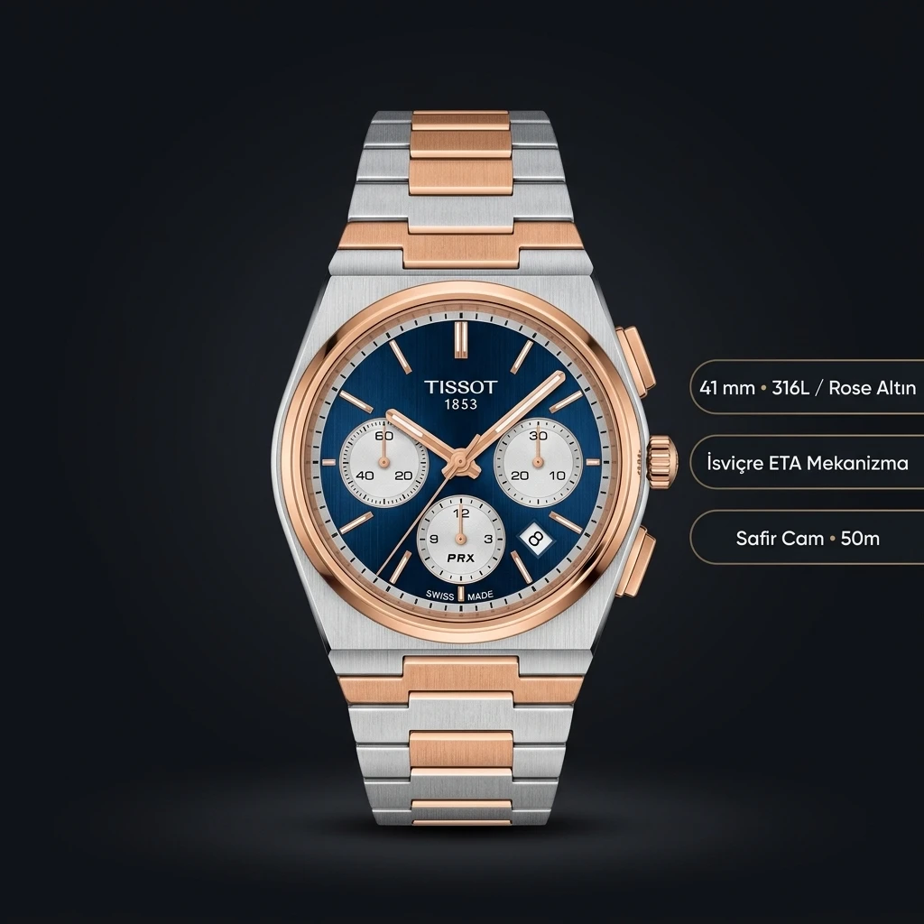 Tissot PRX Rose Gold Mavi Chronograph Çelik Eta Saat