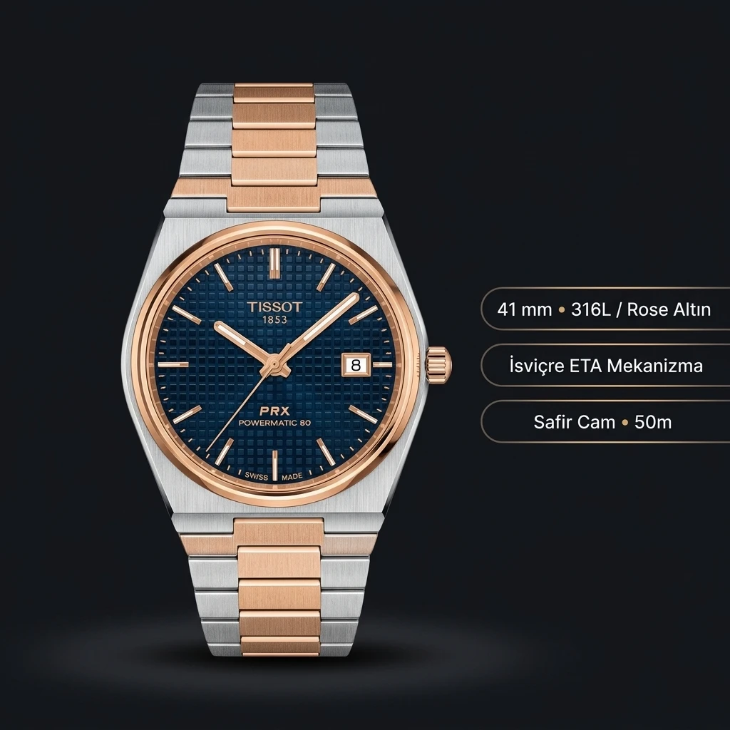 Tissot PRX Rose Mavi Cift Renk Kadran Eta Saat
