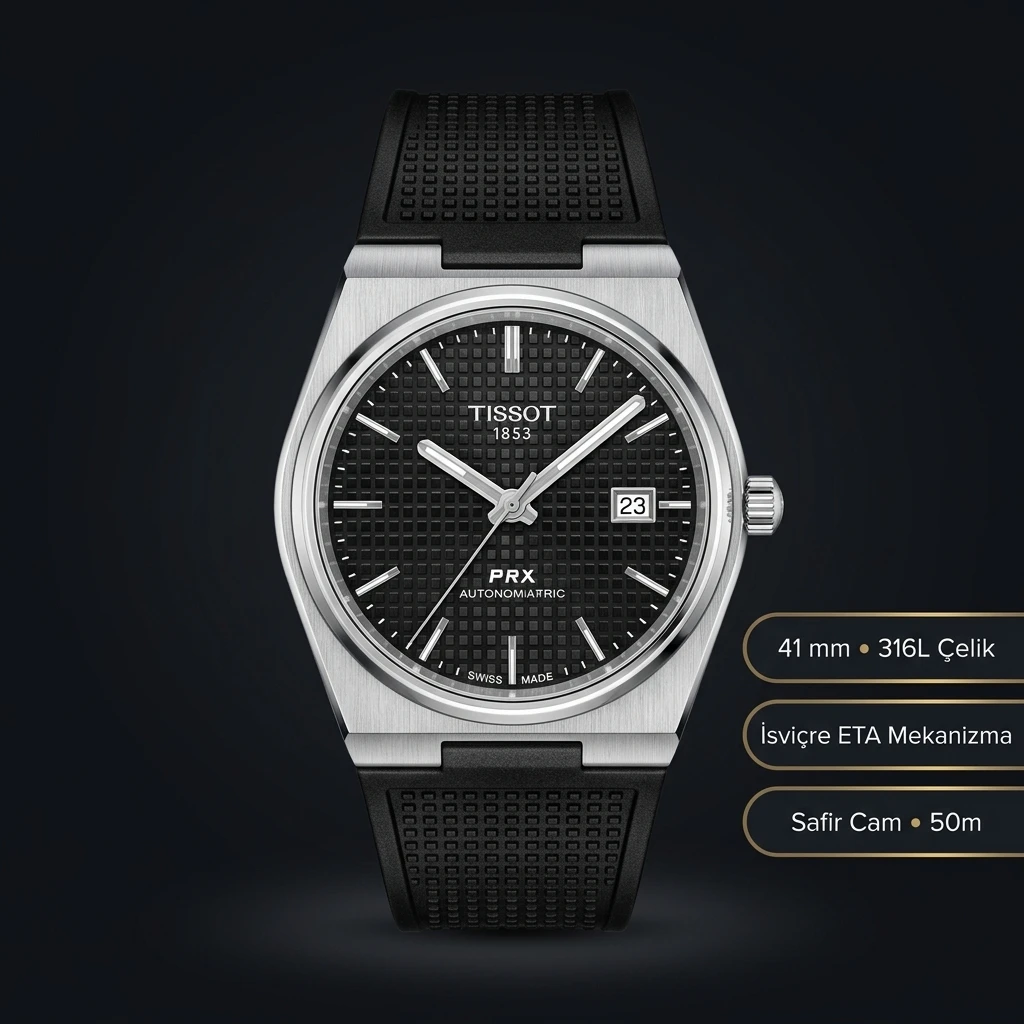 Tissot PRX Siyah Kadran Kauçuk Kordon Gunduz Eta Saat