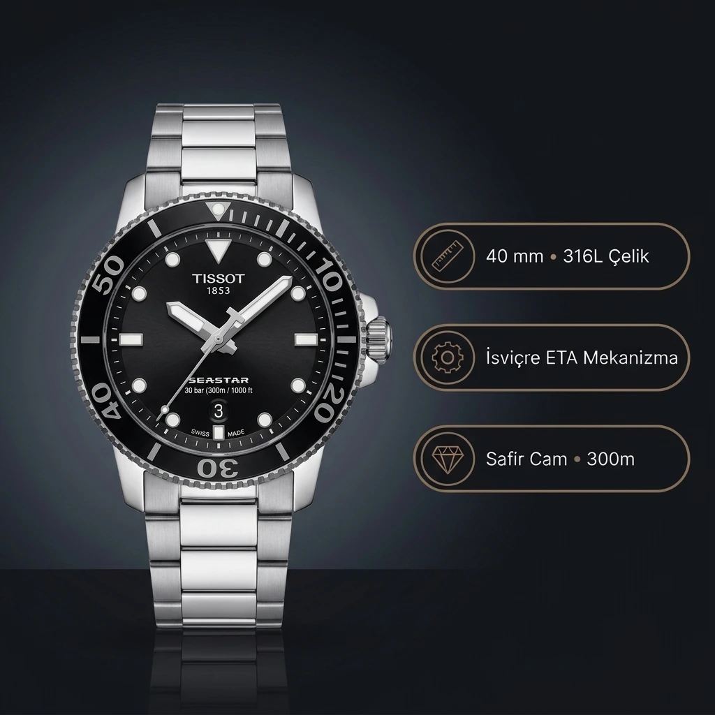 Tissot Seastar 1000 T120.410.11.051.00 Siyah Kadran 40 mm Çelik Bilezik Super Clone ETA Saat