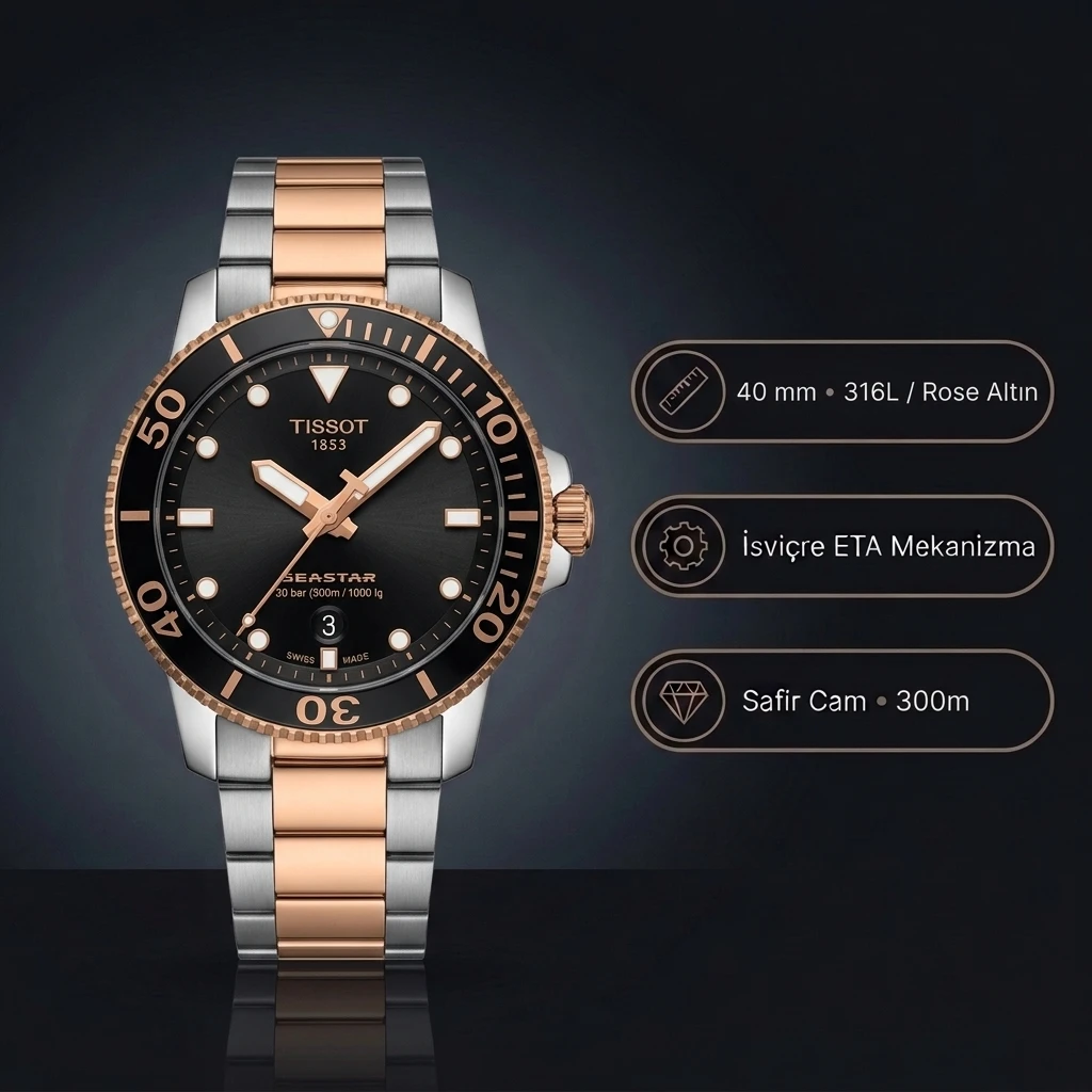 Tissot Seastar 1000 T120.410.22.051.01 Siyah Kadran Two Tone Rose Gold Çelik Bilezik Super Clone ETA Saat
