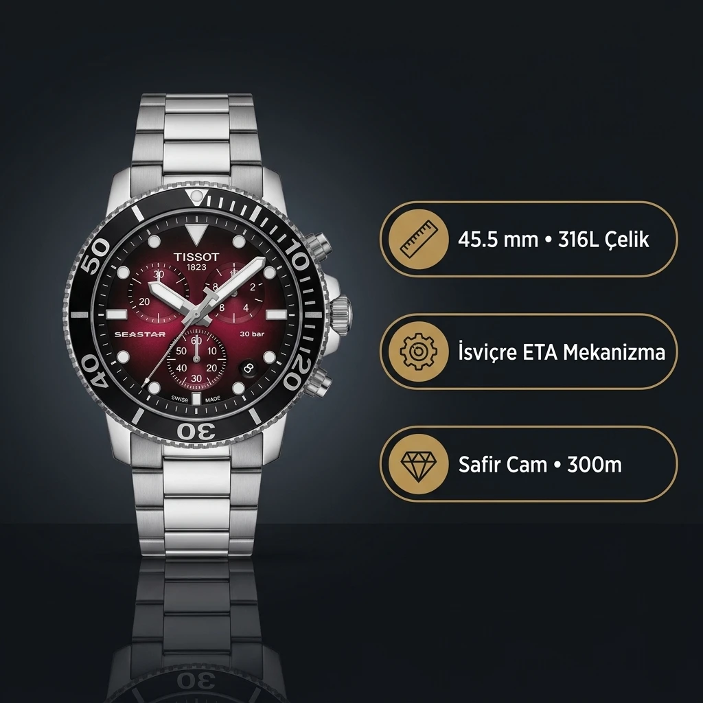 Tissot Seastar 1000 T120.417.11.421.00 Kırmızı Siyah Degrade Kadran Kronograf Çelik Bilezik Super Clone ETA Saat