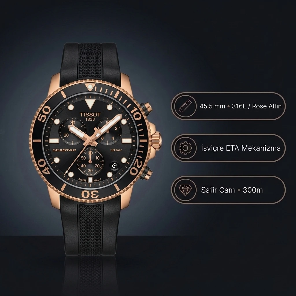 Tissot Seastar 1000 T120.417.37.051.00 Rose Gold PVD Siyah Kadran Kronograf Siyah Kauçuk Super Clone ETA Saat