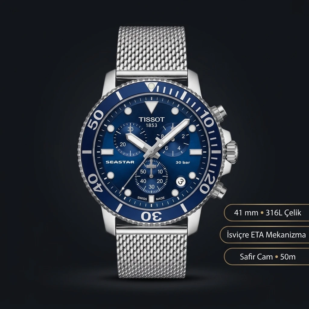 Tissot Seastar Mavi Chronograph Çelik Bileklik TIS0085 Saat Eta Saat