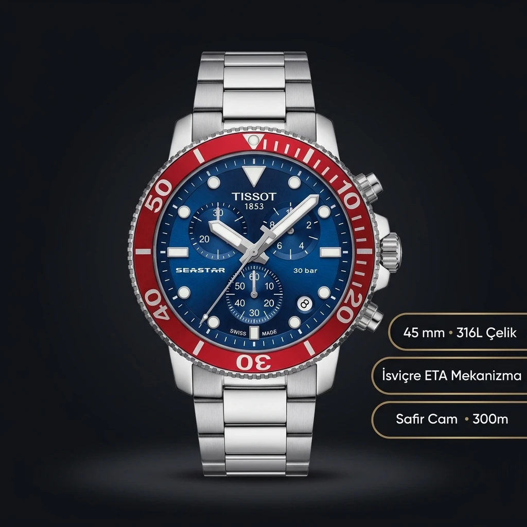 Tissot Seastar Mavi Chronograph Kırmızı Bezel Çelik Eta Saat