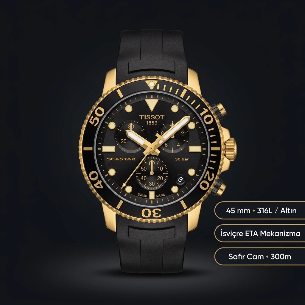 Tissot Seastar Siyah Chronograph Altın Bezel Kauçuk Kordon Eta Saat