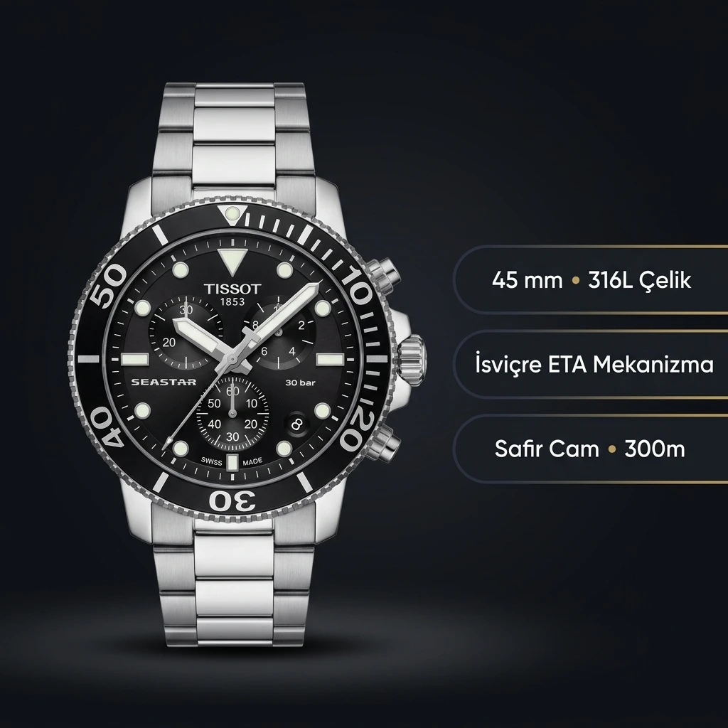 Tissot Seastar Siyah Chronograph Çelik Bileklik Eta Saat