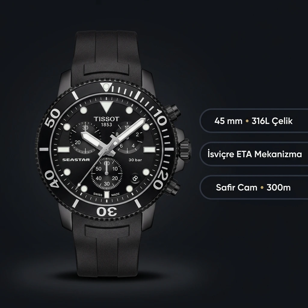 Tissot Seastar Siyah Chronograph Kauçuk Kordon Eta Saat