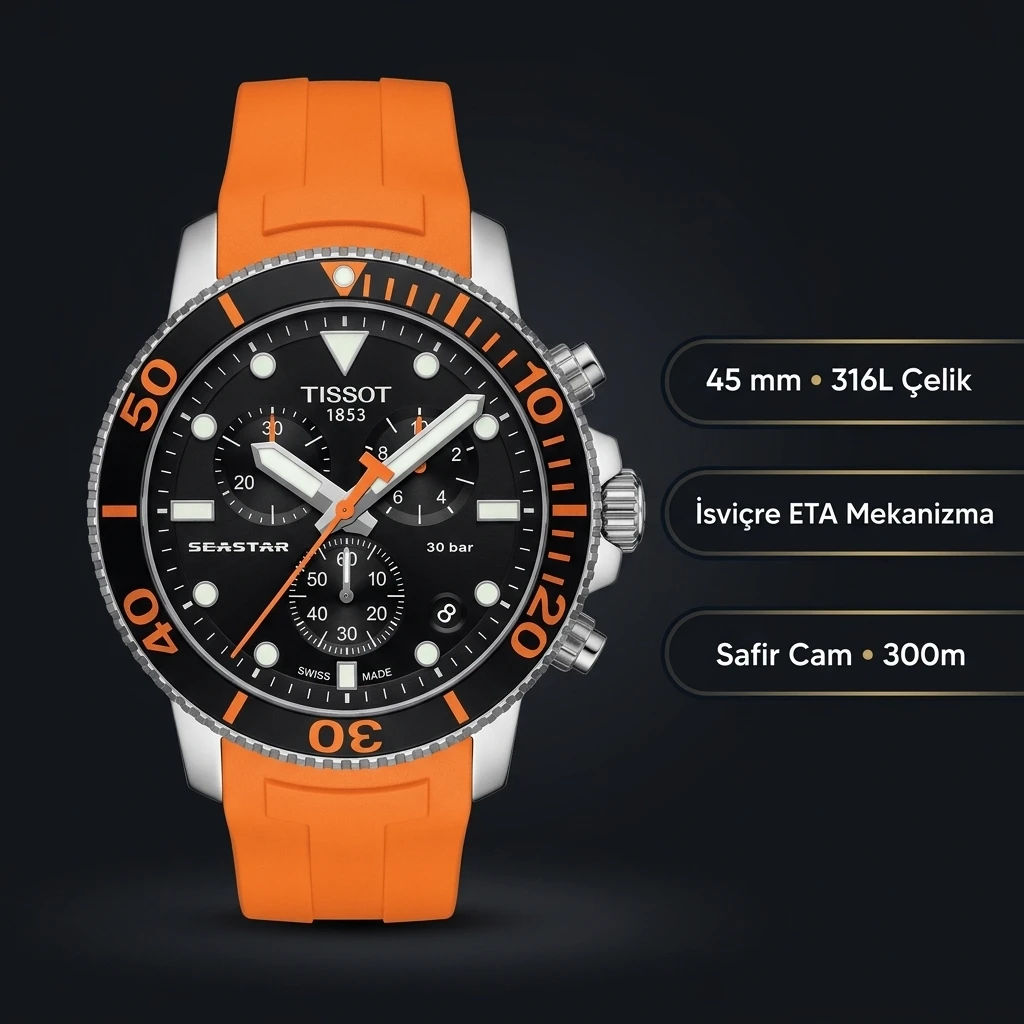 Tissot Seastar Siyah Chronograph Turuncu Kauçuk Kordon Eta Saat