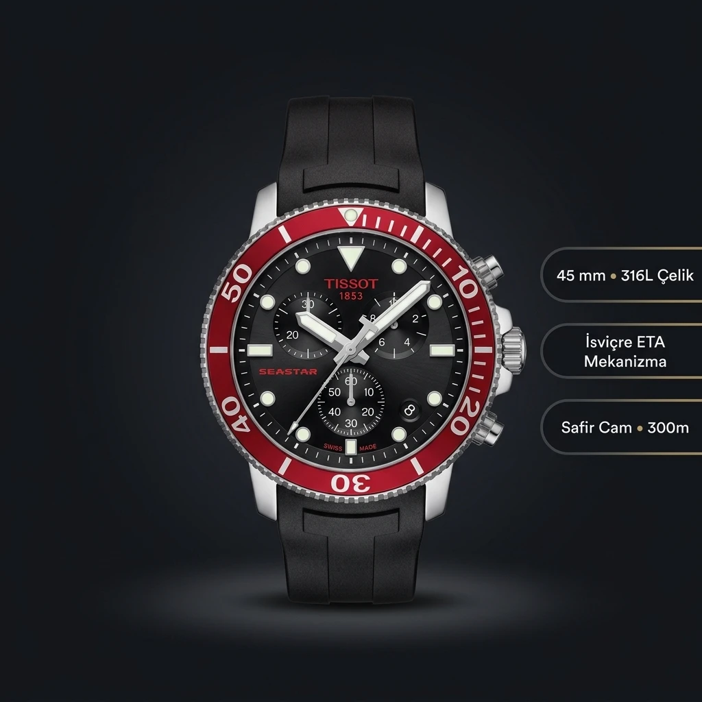 Tissot Seastar Siyah Kırmızı Chronograph Kauçuk Kordon Eta Saat