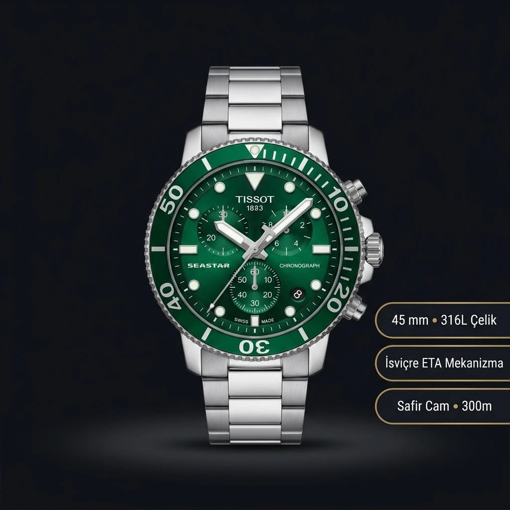 Tissot Seastar Yeşil Chronograph Çelik Bileklik Eta Saat