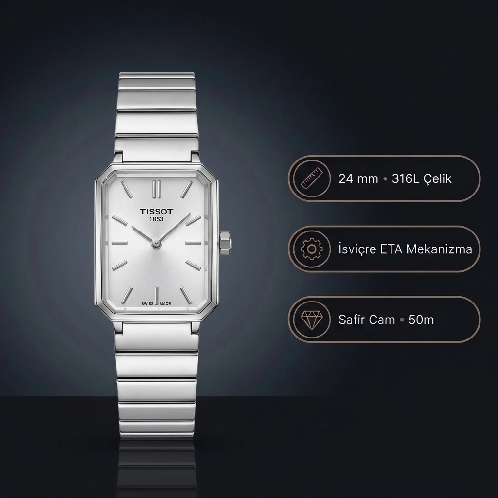 Tissot SRV Dikdörtgen T160.110.11.033.00 Gümüş Kadran Çelik Bilezik Bayan Super Clone ETA Saat