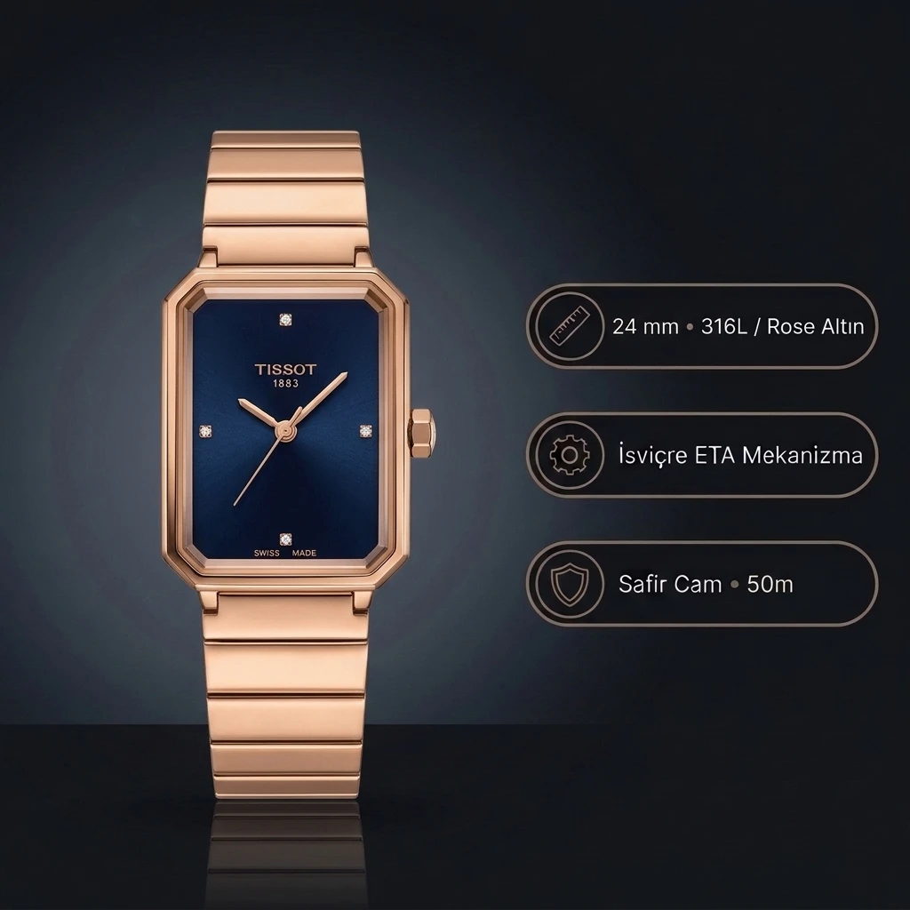 Tissot SRV Dikdörtgen T160.110.33.046.00 Lacivert Pırlanta İndeks Kadran Rose Gold Bilezik Bayan Super Clone ETA Saat