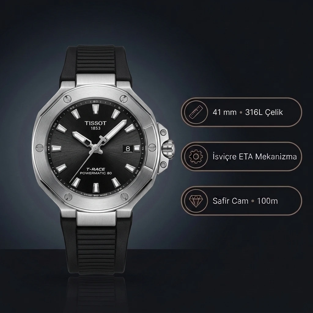 Tissot T-Race Powermatic 80 T141.807.17.051.00 Siyah Kadran Çelik Bezel Siyah Kauçuk Otomatik Super Clone ETA Saat