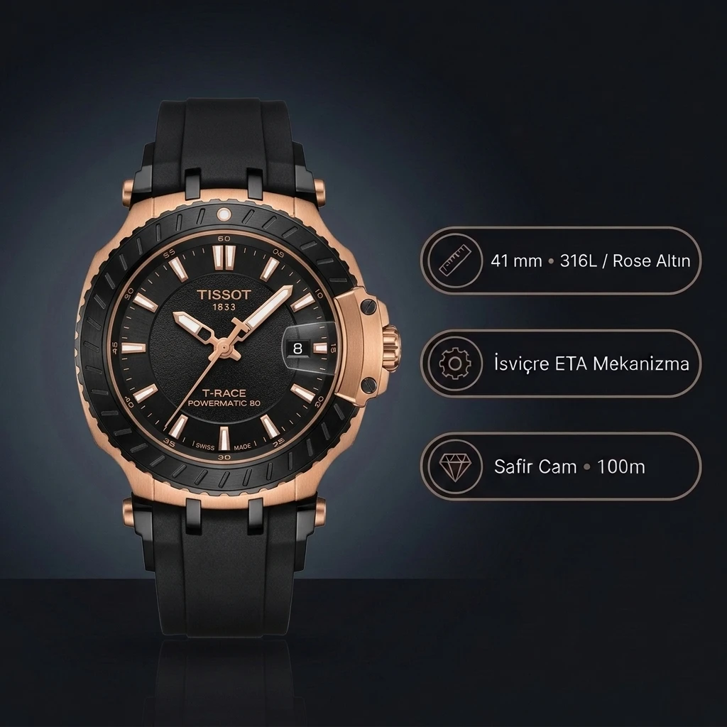 Tissot T-Race Powermatic 80 T141.807.37.051.00 Rose Gold Kasa Siyah Kadran Siyah Kauçuk Otomatik Super Clone ETA Saat