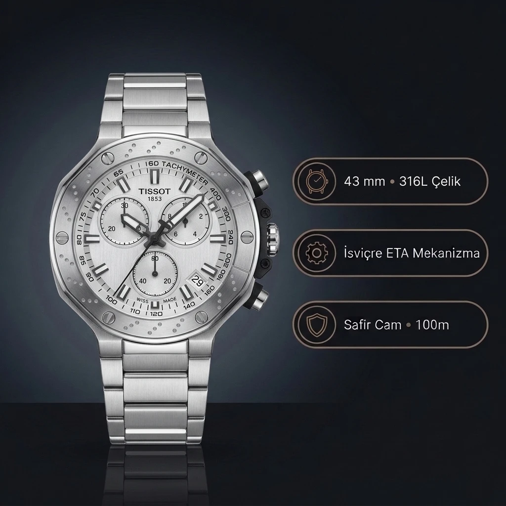 Tissot T-Race T115.417.11.031.00 Gümüş Beyaz Kadran Kronograf Çelik Bilezik Super Clone ETA Saat