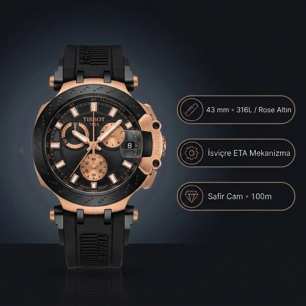 Tissot T-Race T115.417.37.051.00 Rose Gold Siyah Kadran Kronograf Siyah Kauçuk Super Clone ETA Saat